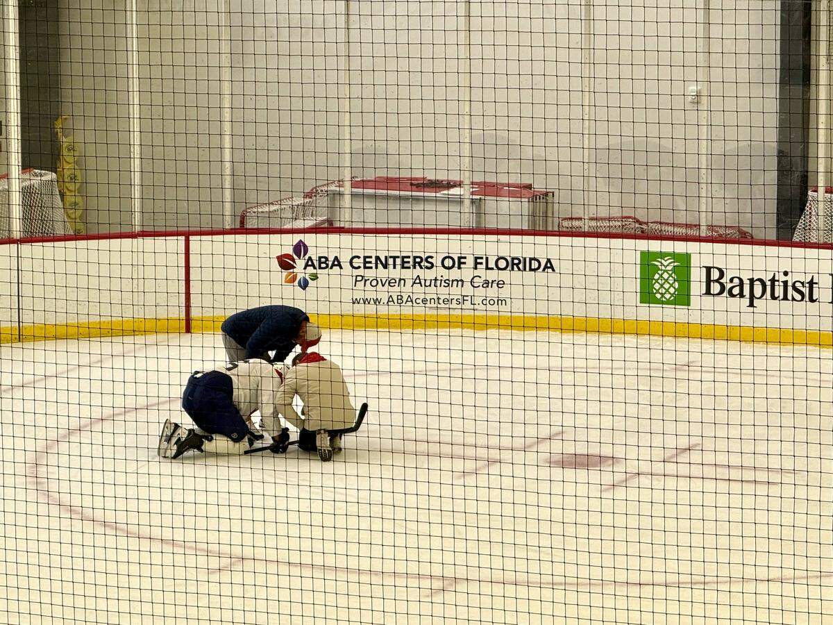 Florida Panthers center Aleksander Barkov lays on the ice after sustaining an injury during a training camp practice on Thursday, Sept. 25, 2025, at the Baptist Health IcePlex in Fort Lauderdale, Florida.