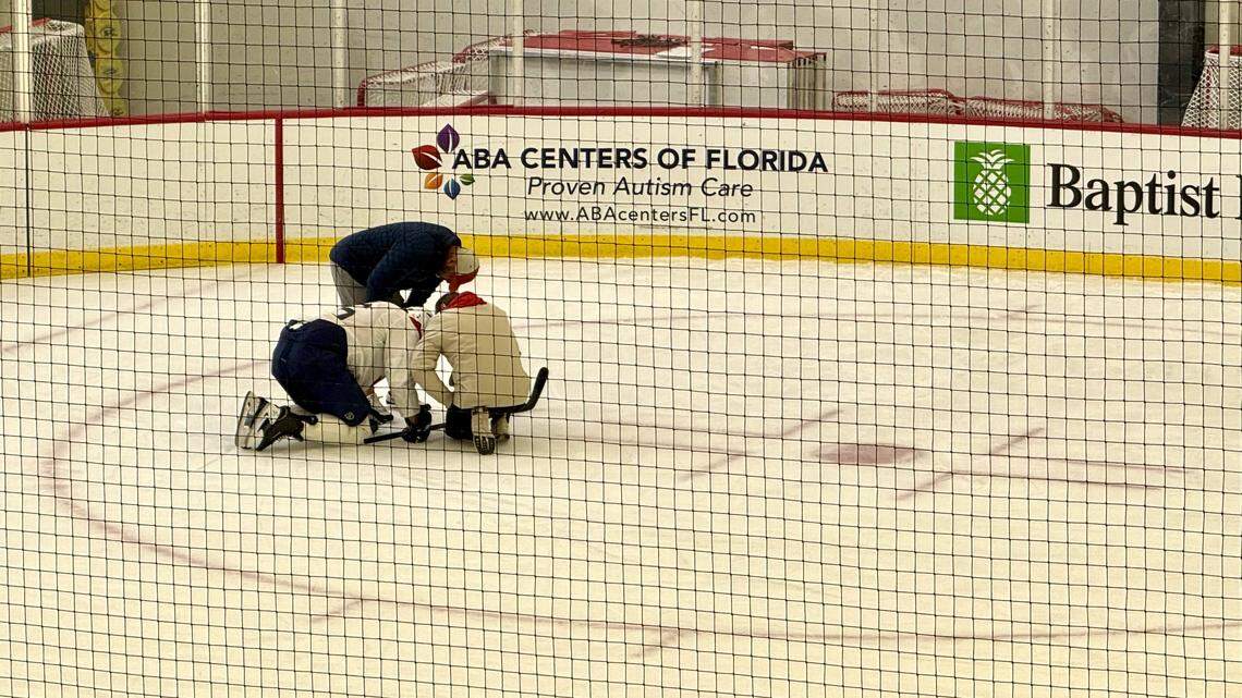 Florida Panthers center Aleksander Barkov lays on the ice after sustaining an injury during a training camp practice on Thursday, Sept. 25, 2025, at the Baptist Health IcePlex in Fort Lauderdale, Florida.