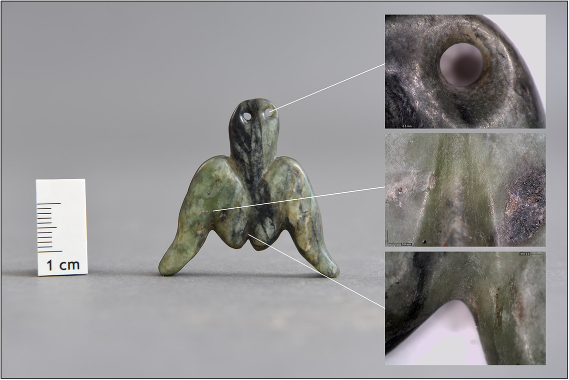 The pendant depicts a figure in a “birth-giving” position and was worn on soft straps.