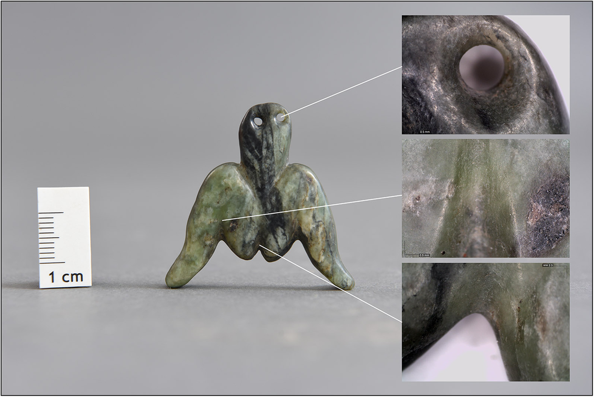 The pendant depicts a figure in a “birth-giving” position and was worn on soft straps.