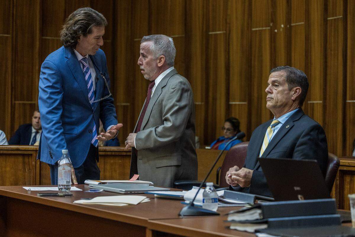 Defendant George Pino reacts, as his defense attorneys Howard Srebnick (left) and Mark Shapiro talked, during the second day of a motion hearing in front of Judge Marisa Tinkler Mendez, at the Richard E. Gerstein Justice Building in Miami, on Thursday, May 28, 2026.
