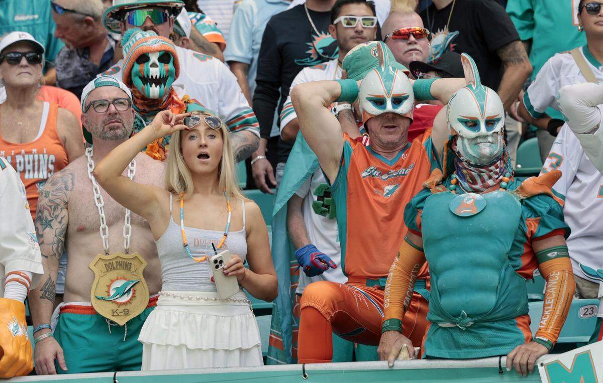 of an NFL football game at Hard Rock Stadium in Miami Gardens, Florida, on Sunday, September 14, 2025.