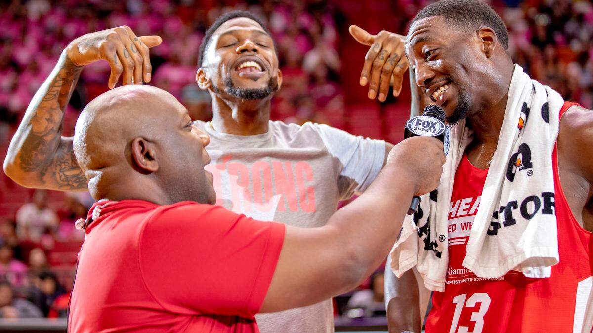 Heat courtside reporter Jason Jackson interviews Bam Adebayo as Udonis Haslem photo-bombs during a preseason scrimmage in 2019. Jackson, the Heat’s new radio play-by-play voice, joins us on the new Greg Cote Show podcast.