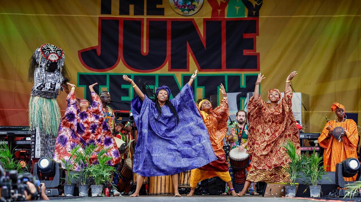Dancers perform on stage during the 4th Annual Juneteenth Park-In and Party Celebration under this year’s theme, “America Keeps Its Promise of Freedom For All!” at Hard Rock Stadium in Miami Gardens, Florida on Saturday, June 15, 2024.