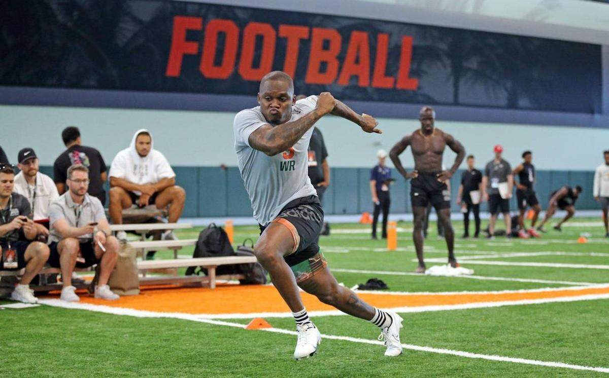 Miami Hurricanes receiver Mike Harley is shown on 2022 UM Pro Day