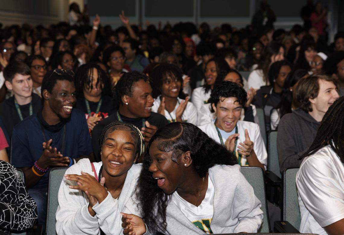 The senior class reacts to the news that their prom tickets would be free during a ceremony announcing that Becca’s Closet and Macy’s donated $65,000 so that prom would be free for students on Thursday, March 26, 2026, at Nova High School in Davie, Fla. “We weren’t hitting that mark [with fundraising]…and sometimes kids can’t participate in things because of cost and now not only can they go to prom for free, but then can go to Becca’s closet and get a dress. Being able to come together as a class for prom and take that concern away means the world,” said Jayla Huntley-Murphy, class treasurer. 