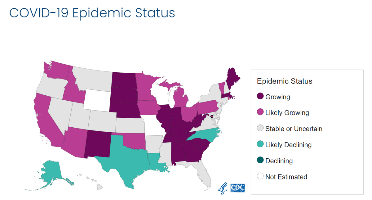 The CDC estimates COVID infections are “growing or likely growing in 27 states, declining or likely declining in 4 states,” as of Aug. 16, the most recent Aug. 16 update. The public health agency says that COVID infections are “stable or uncertain in 17 states,” including Florida.