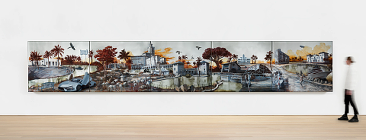 The Bass Museum of Art in Miami Beach commissioned “Panorama of Miami,” a 30-foot long painting on mirror by artist Rachel Feinstein. The work features several iconic Miami landmarks and tourist attractions.