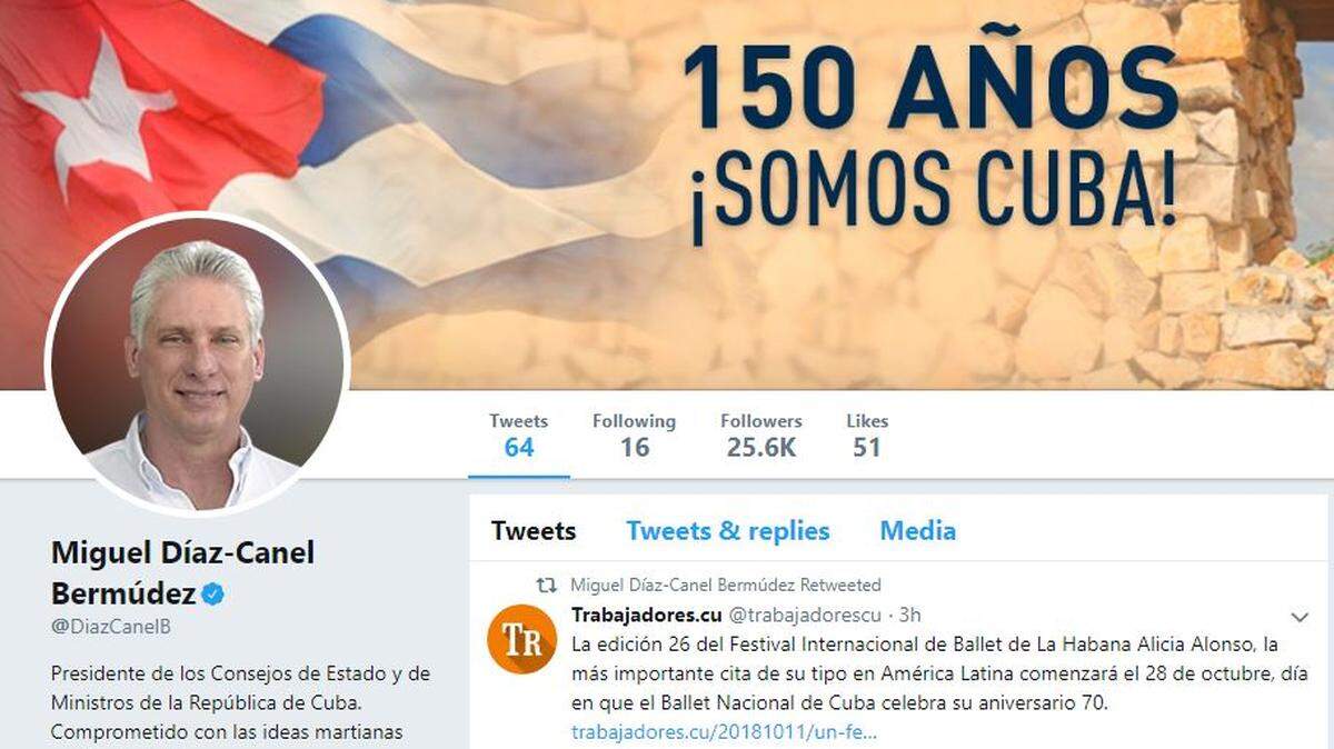 Screen shot of Miguel  Díaz-Canel’s Twitter account on Oct.  12, 2018.