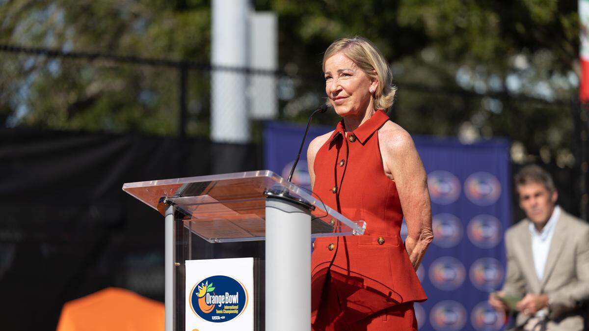 Chris Evert during the Chris Evert court is unveiled during the Chris Evert Court Dedication Ceremony at the Orange Bowl at the Jimmy Evert Tennis Center on Monday, December 8, 2025 in Fort Lauderdale, Florida. (Photo by Robby Illanes/USTA)