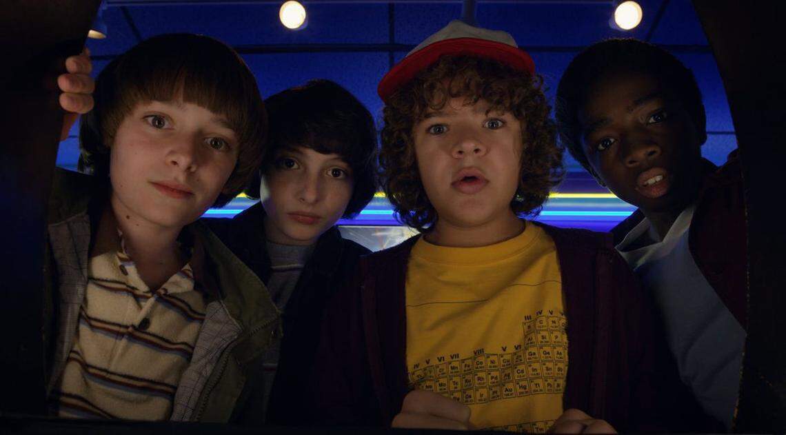 The “Stranger Things” gang, from left, played by Noah Schnapp, Finn Wolfhard, Gaten Matarazzo and Caleb McLaughlin, inspire an upcoming maze at Universal Studios.