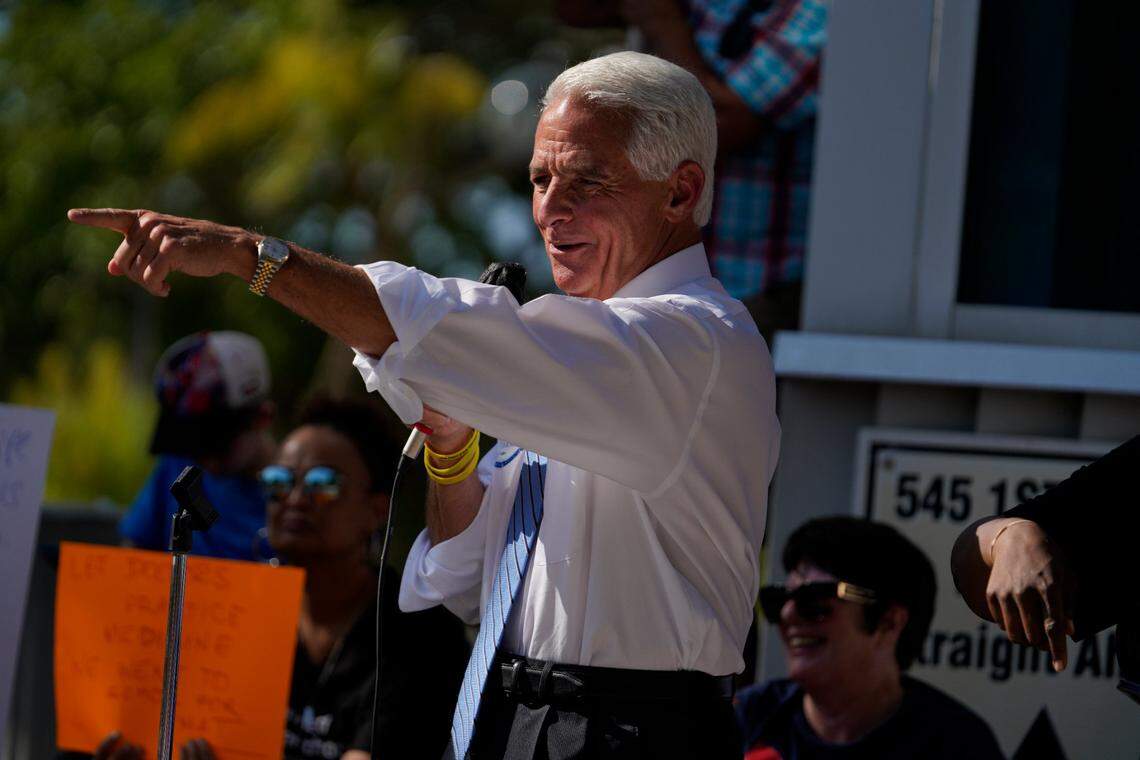 Congressman Charlie Crist addresses the crowd during a pro-choice rally organized by Florida Rep. Michele Rayner and the Pinellas Democratic Progressive Caucus on the steps of the county courthouse downtown in the wake of a leaked draft of a majority opinion from the United States Supreme Court detailing the intent to strike down Roe v. Wade, Tuesday, May 3, 2022, in St. Petersburg.