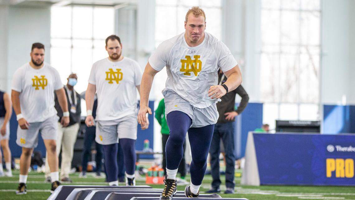 Liam Eichenberg participates in Notre Dame’s Pro Day workout on Wednesday, March 31, 2021, in South Bend, Ind. (AP Photo/Robert Franklin)
