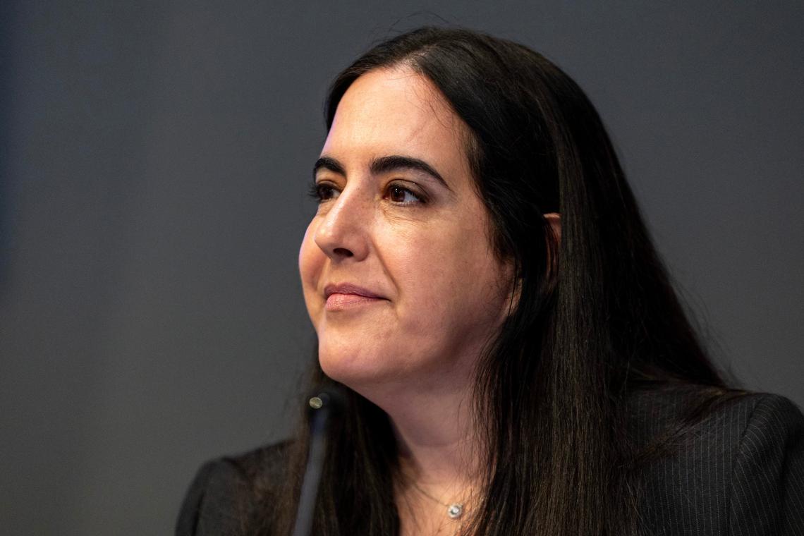City Attorney Victoria Méndez reacts during a commission meeting at Miami City Hall on Thursday, April 11, 2024.