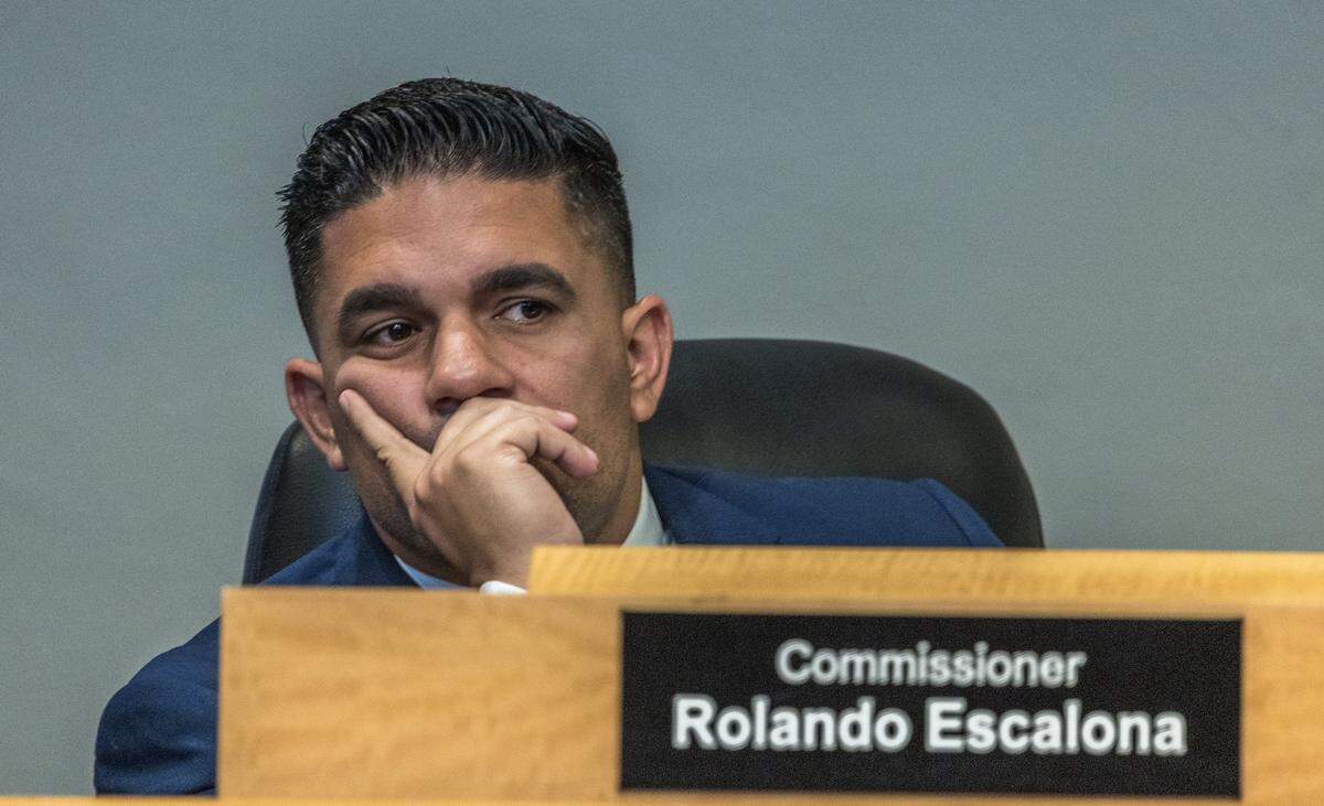 City of Miami Commissioner Rolando Escalona reacts, during a Miami City Commission meeting, at City Hall, on Thursday May 28, 2026.