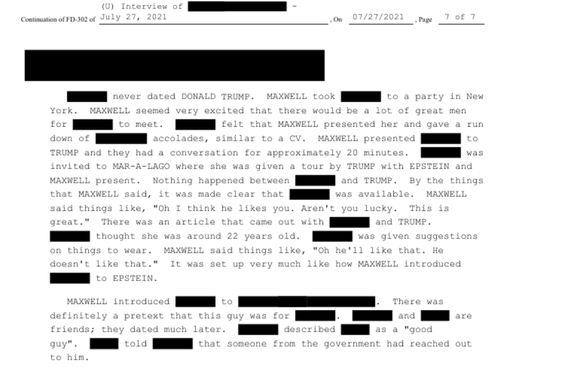In an FBI interview, an unnamed individual describes a time in which Ghislaine Maxwell introduced a woman to President Donald Trump.