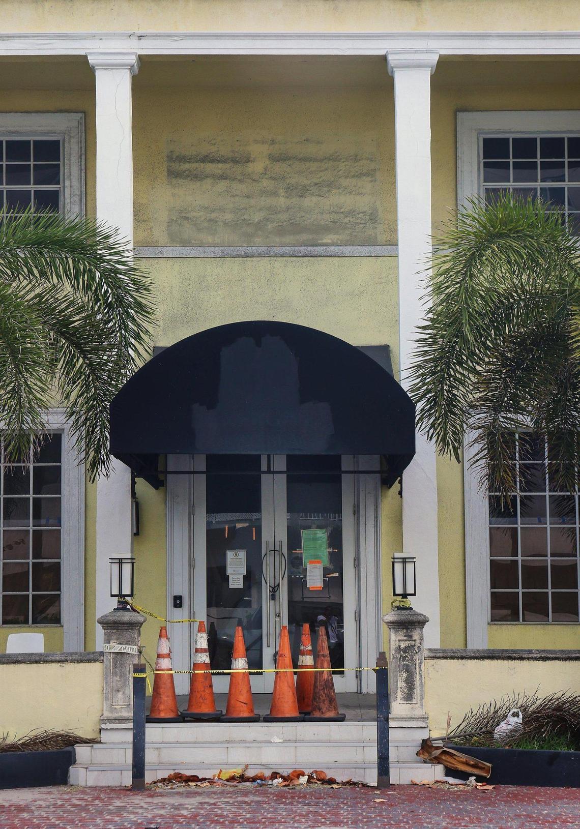 The Colonial-style entryway to the vacant but historic Coral Reef Hotel on Collins Avenue and 36th Street in Miami Beach is shuttered. Developer 13th Floor Investments plans to demolish the Coral Reef and its also-vacant historic neighbor, the Patrician. A new state law that overrides local preservation rules means the city can’t block the demolitions.