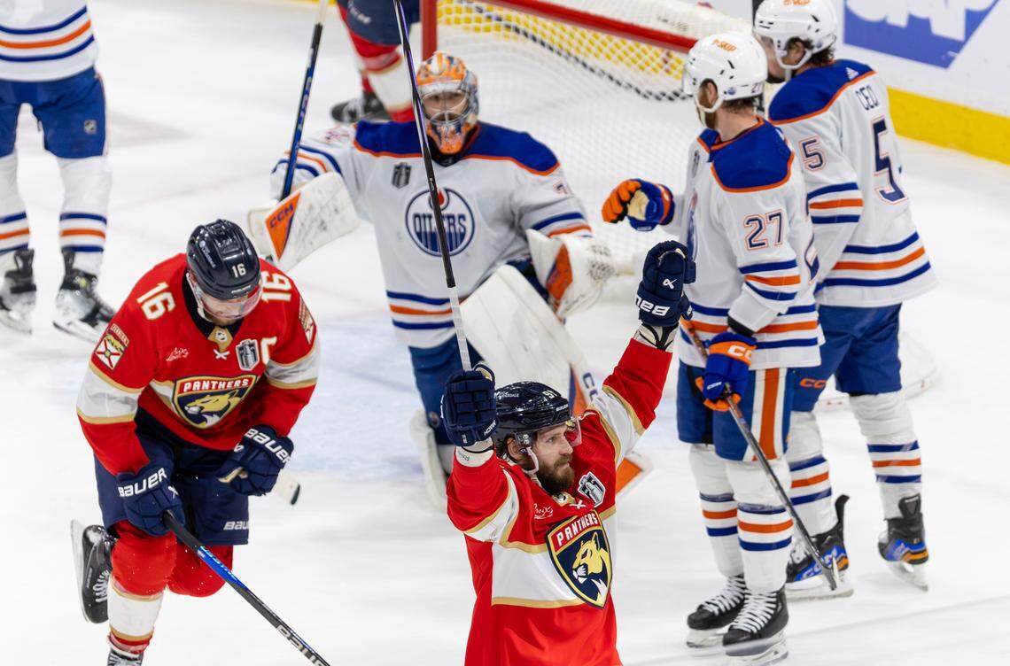 Florida Panthers defenseman Oliver Ekman-Larsson (91) reacts after teammate Sam Reinhart (13) scoring a goal against Edmonton Oilers goaltender Stuart Skinner (74) during the second period of Game 7 of the NHL Stanley Cup Final at the Amerant Bank Arena on Monday, June 24, 2024, in Sunrise, Fla.