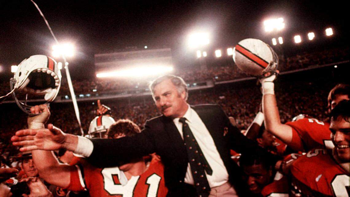 Howard Schnellenberger, coach of the national champion UM Hurricanes, celebrates the win against Nebraska on Jan. 2, 1984.