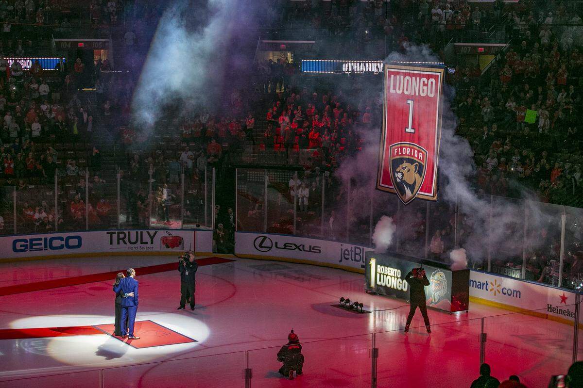 Florida Panthers retire goalie Roberto Loungo’s number one jersey during retirement ceremony at the BB&T Center in Sunrise on Saturday, March 7, 2020.