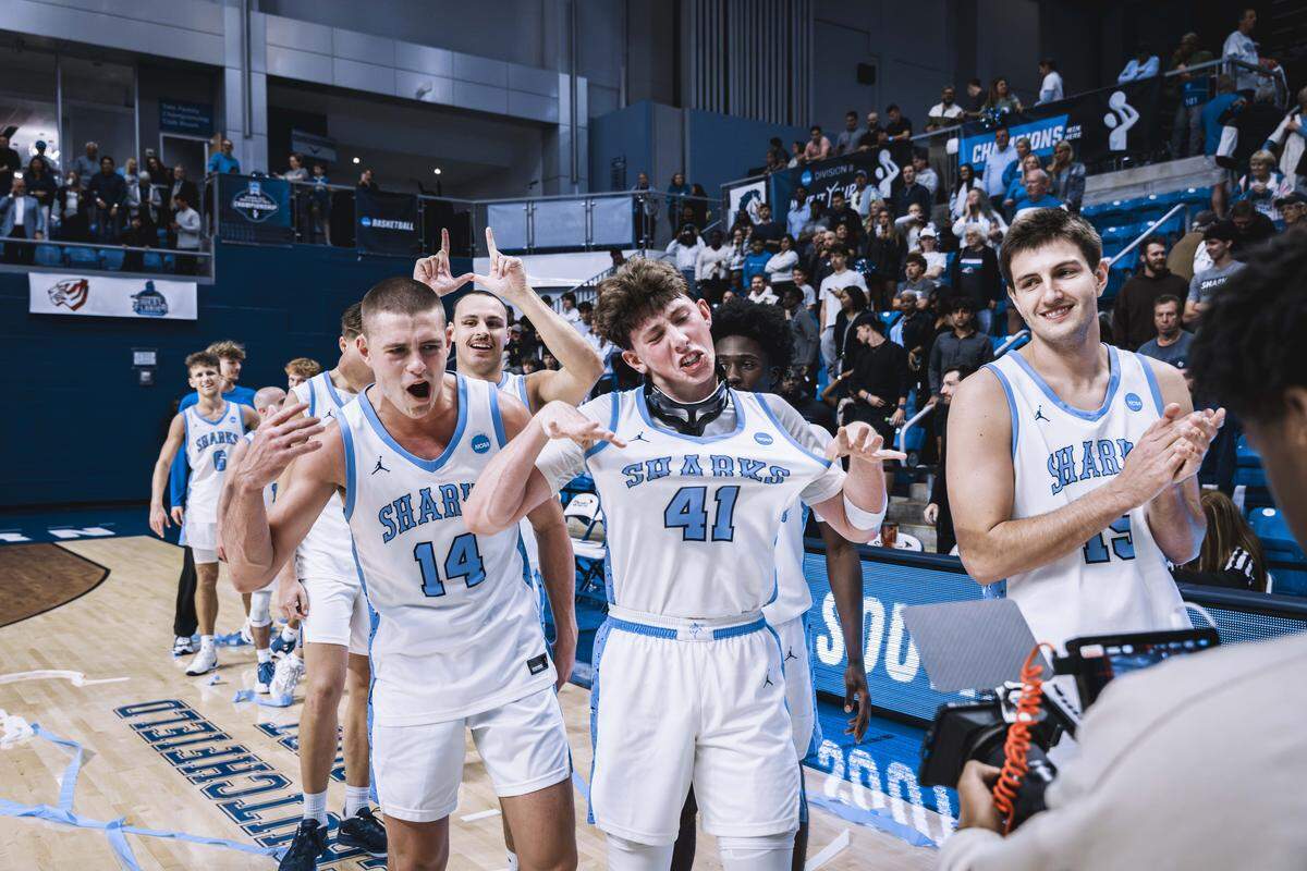 NSU men’s basketball players celebrate after the Sharks beat Alabama-Huntsville to advance to the NCAA Division-II Elite Eight.