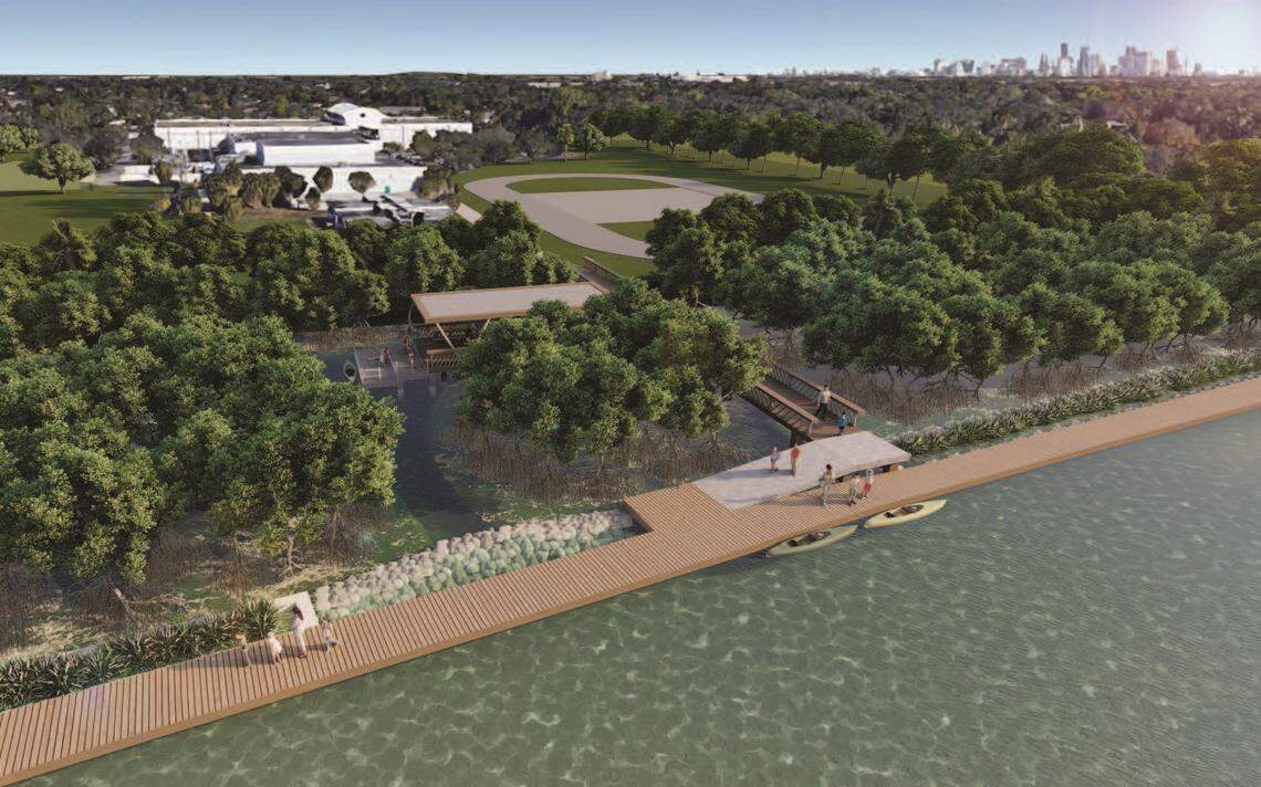 A rendering of what the proposed living shoreline on New River Middle School’s campus could look like, including an accessible floating boardwalk and an open air classroom.