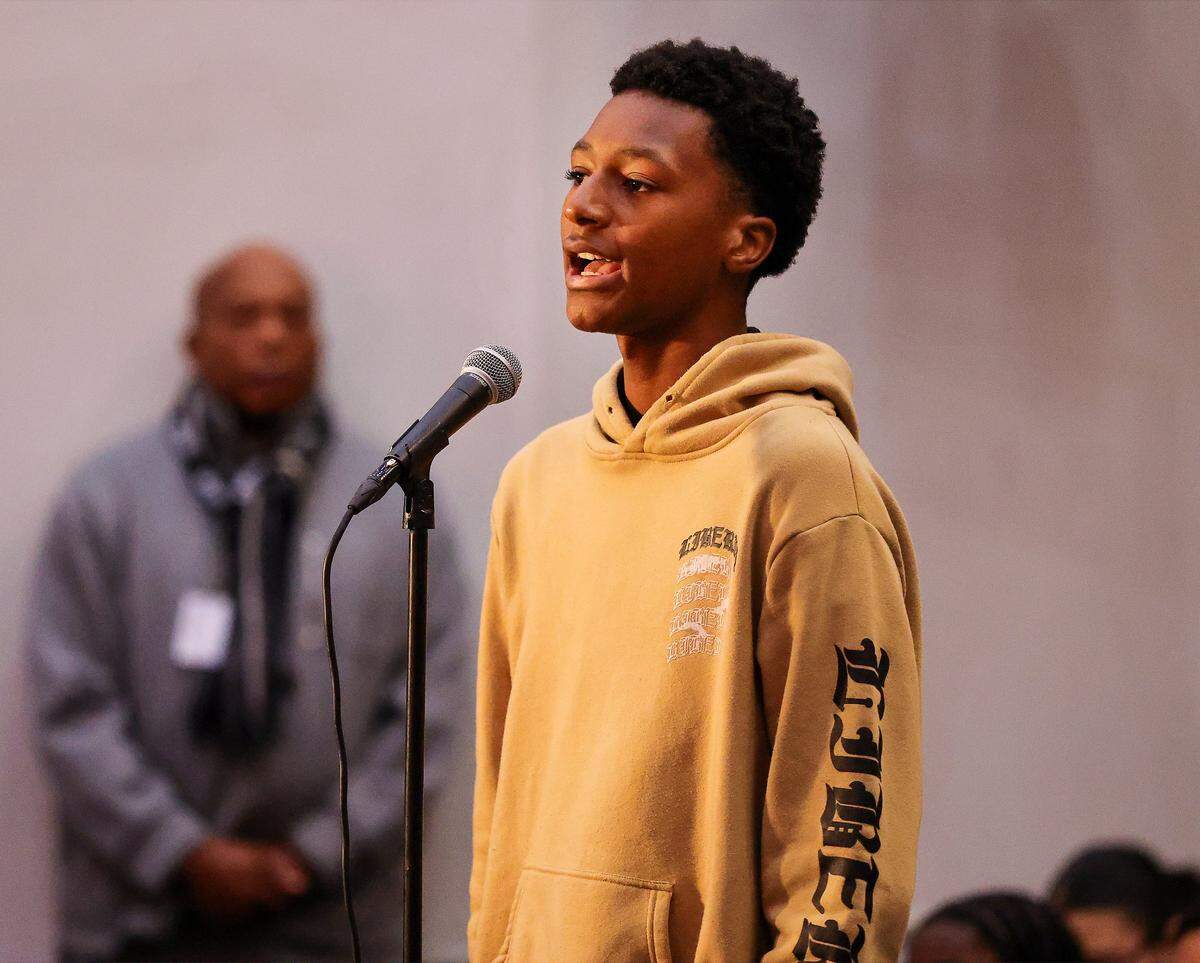 Sophomore Jacob McLeroy, 16, asks a question to billionaire Ken Griffin as he spoke to students during an assembly at Booker T. Washington Senior High School on Tuesday, Feb. 24, 2026, in Miami, Florida.