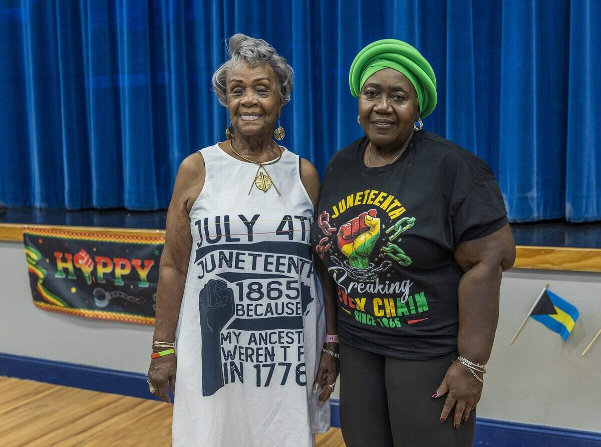 Long time Coconut Grove residents Loretta Scippio-Whittle and Carolyn Donaldson posed ahead of a presentation on freedom, heritage, culture and unity presented by the Coconut Grove Ecumenical Network, during the 3rd Annual Juneteenth Freedom Day Emancipation celebration at the Elizabeth Virrick Park, that featured live music, cultural performances, storytelling, and community fellowship, on Friday June 19, 2026.
