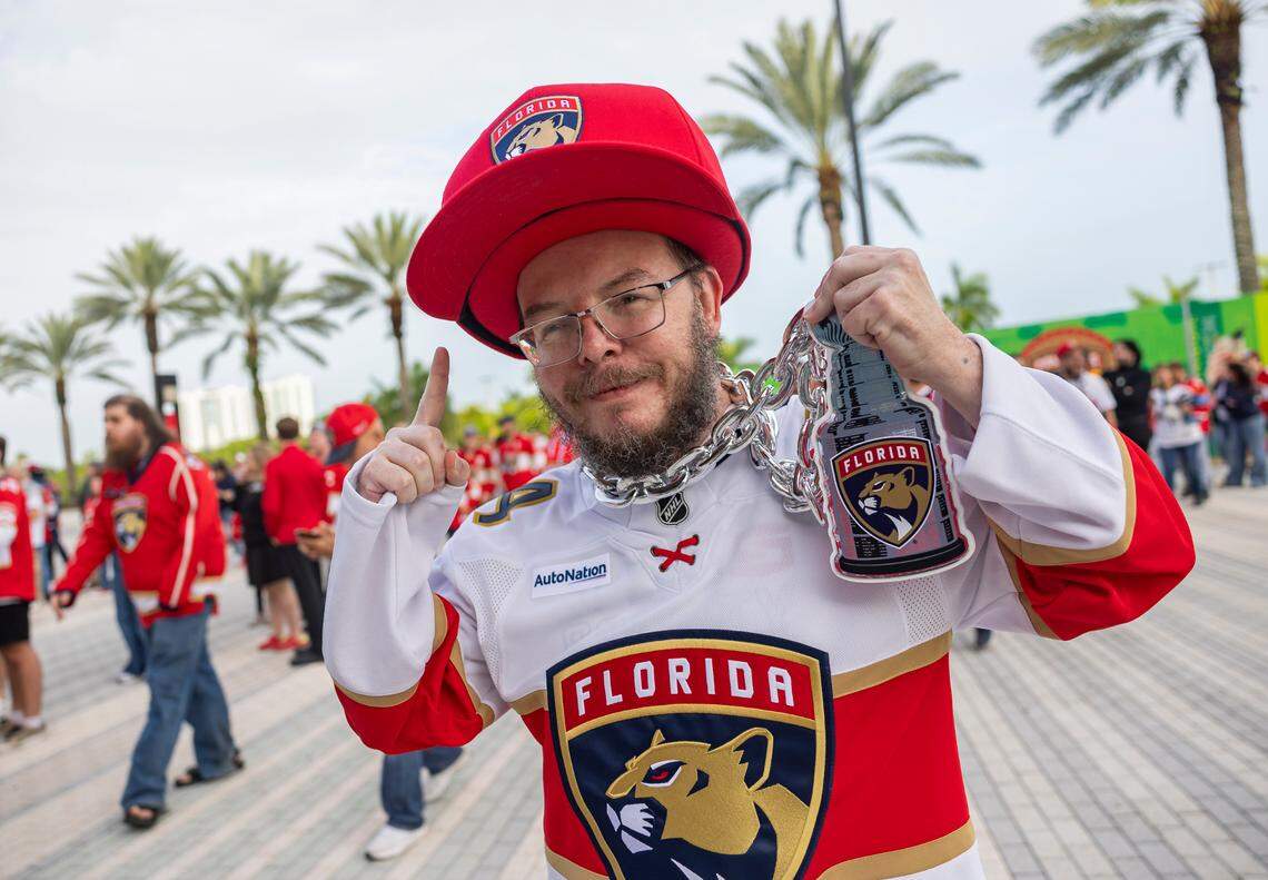 Florida Panthers fan Matt Swenson reacts as he arrives to a watch party at the Amerant Bank Arena before his team plays against the Edmonton Oilers in Game 1 of the NHL Stanley Cup Final on Wednesday, June 4, 2025, in Sunrise, Fla.