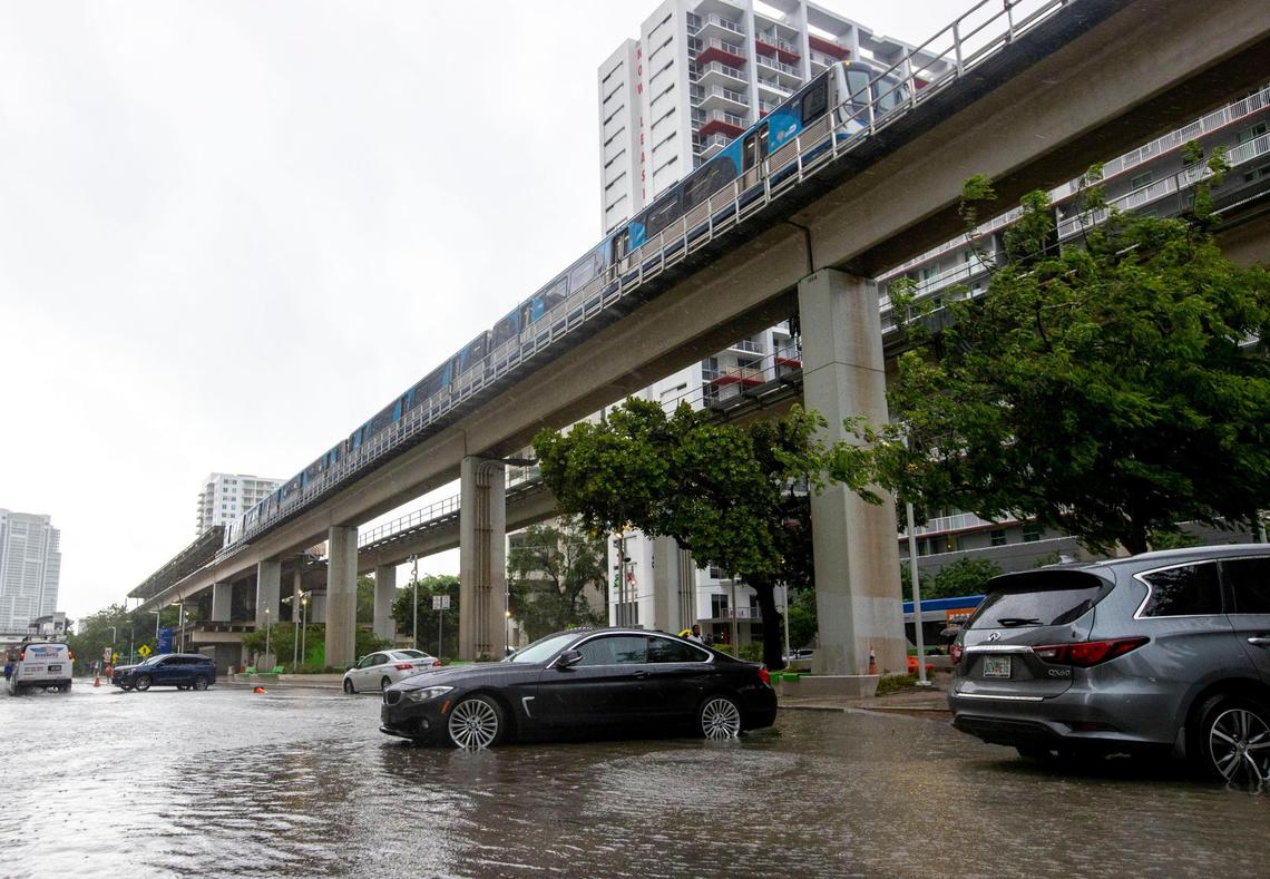 A view looking southwest of stalled out cars due to flooding on Southwest First Avenue in the Brickell neighborhood of Miami, Florida, on Saturday, June 4, 2022.