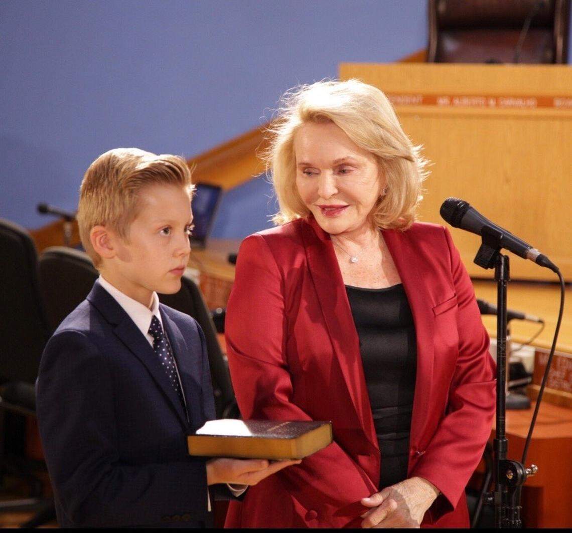 Perla Tabares Hantman with her grandson Lucas Hantman at her Miami-Dade school board swearing in ceremony in November 2018.