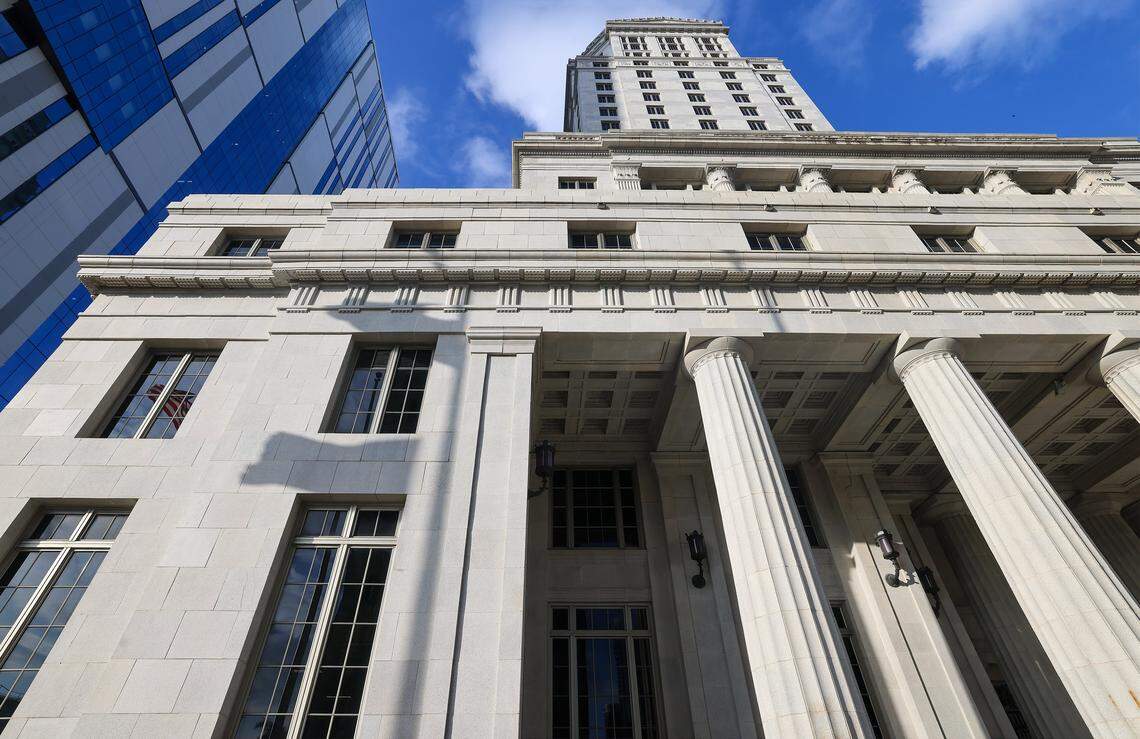 The historic Dade County Courthouse has been replaced by the new Osvaldo N. Soto Miami-Dade Justice Center, which towers over the old courthouse in Miami, Florida, on Wednesday, January 14, 2026. The Dade County Courthouse is significant as an excellent example of Neo-Classical architecture. The detailing of the remaining historic interior spaces and features continue to reflect this distinctive style and contributes to a more complete understanding of the historic character of the Courthouse.