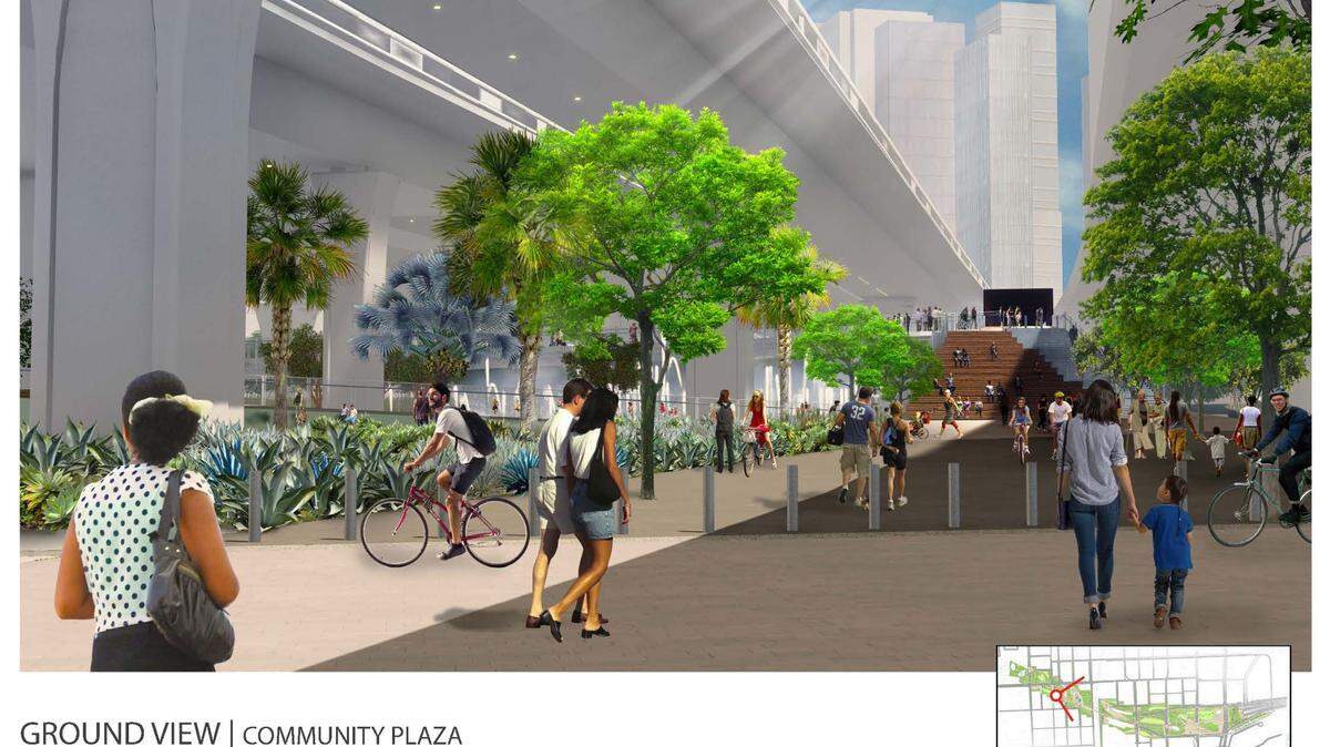 A rendering of a walking trail at The Underdeck below I-395