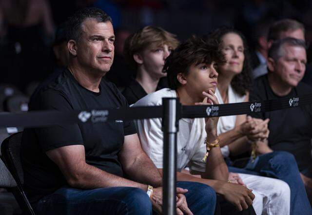 Miami Hurricanes head coach Mario Cristobal attends UFC 327 at the Kaseya Center on Saturday, April 11, 2026, in downtown Miami, Fla.