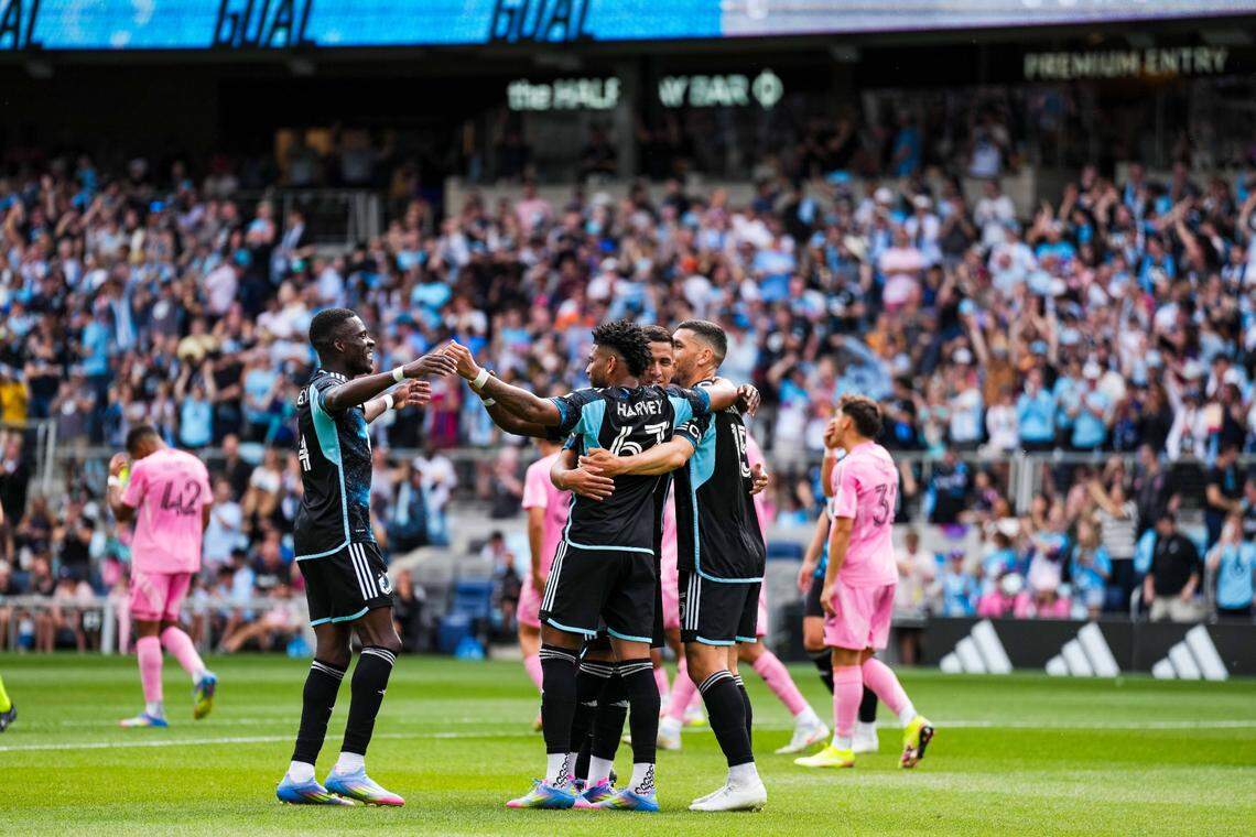 May 10, 2025; Saint Paul, Minnesota, USA; Minnesota United defender Michael Boxall (15), midfielder Carlos Harvey (67) and teammates celebrate an own goal scored by Inter Miami defender Marcelo Weigandt (not pictured) during the second half at Allianz Field. Mandatory Credit: Brace Hemmelgarn-Imagn Images