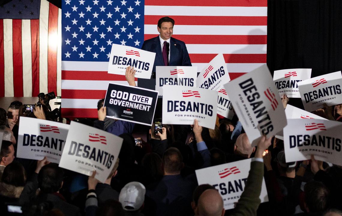 Florida Governor Ron DeSantis speaks to supporters during his caucus watch party at the Sheraton West Des Moines Hotel on Monday, Jan. 15, 2024, in West Des Moines, Iowa. Former President Donald Trump placed first in the Iowa Caucuses Monday night.