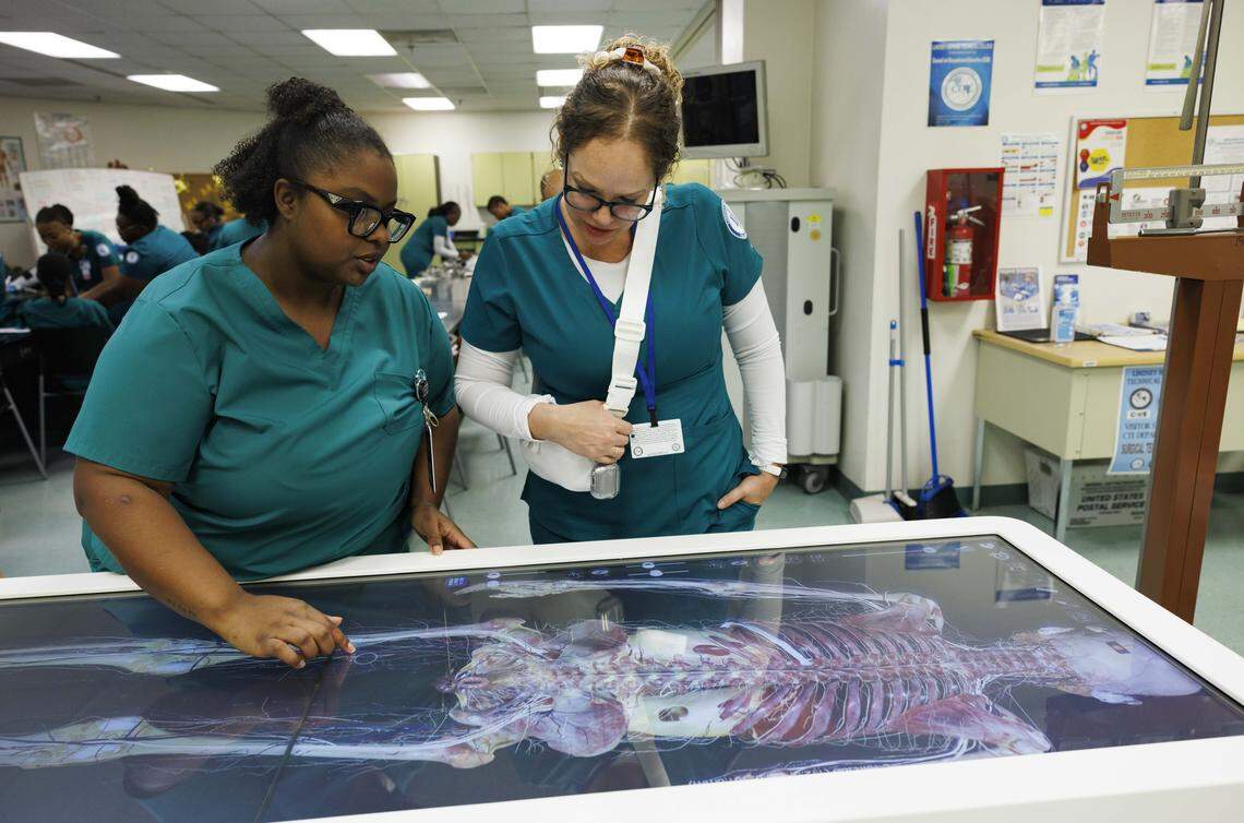Carol Evaristo, left, and another student in the Surgical Technology program took at a cadaver on a screen during the day on Tuesday, Oct. 21, 2025, at Lindsey Hopkins Technical College in downtown Miami. 