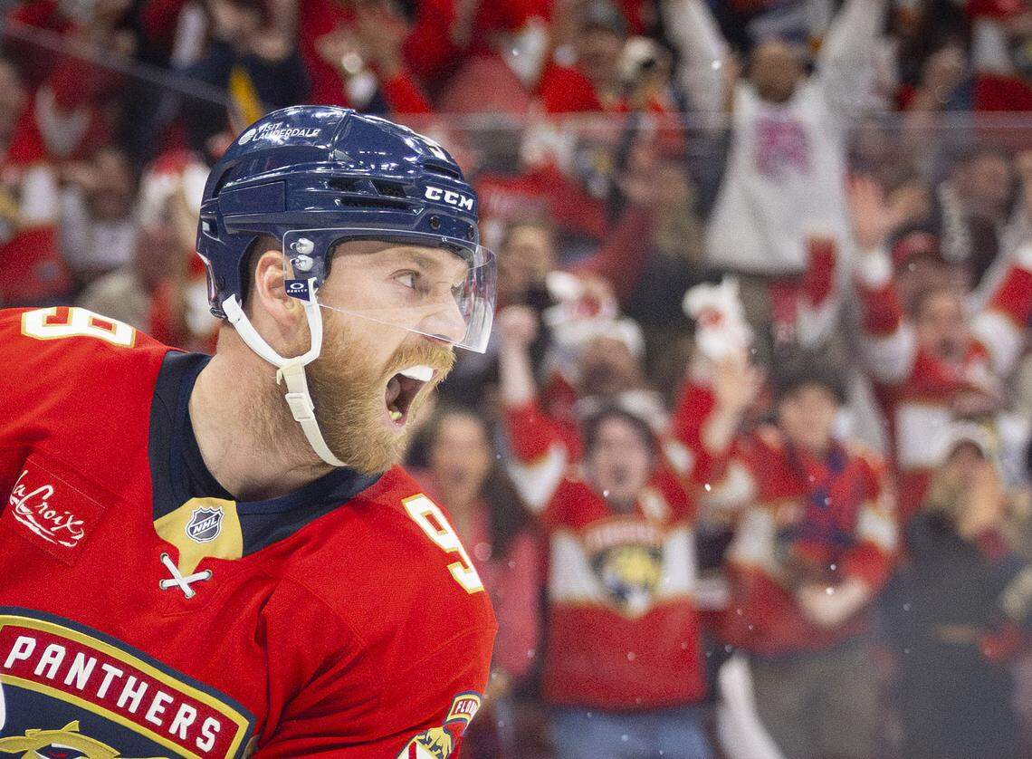 Florida Panthers center Sam Bennett (9) screams after scoring a goal during the third period of Game 4 of a Stanley Cup playoffs second-round series against the Toronto Maple Leafs on Sunday, May 11, 2025, at Amerant Bank Arena in Sunrise, Fla. The Florida Panthers won 2-0.