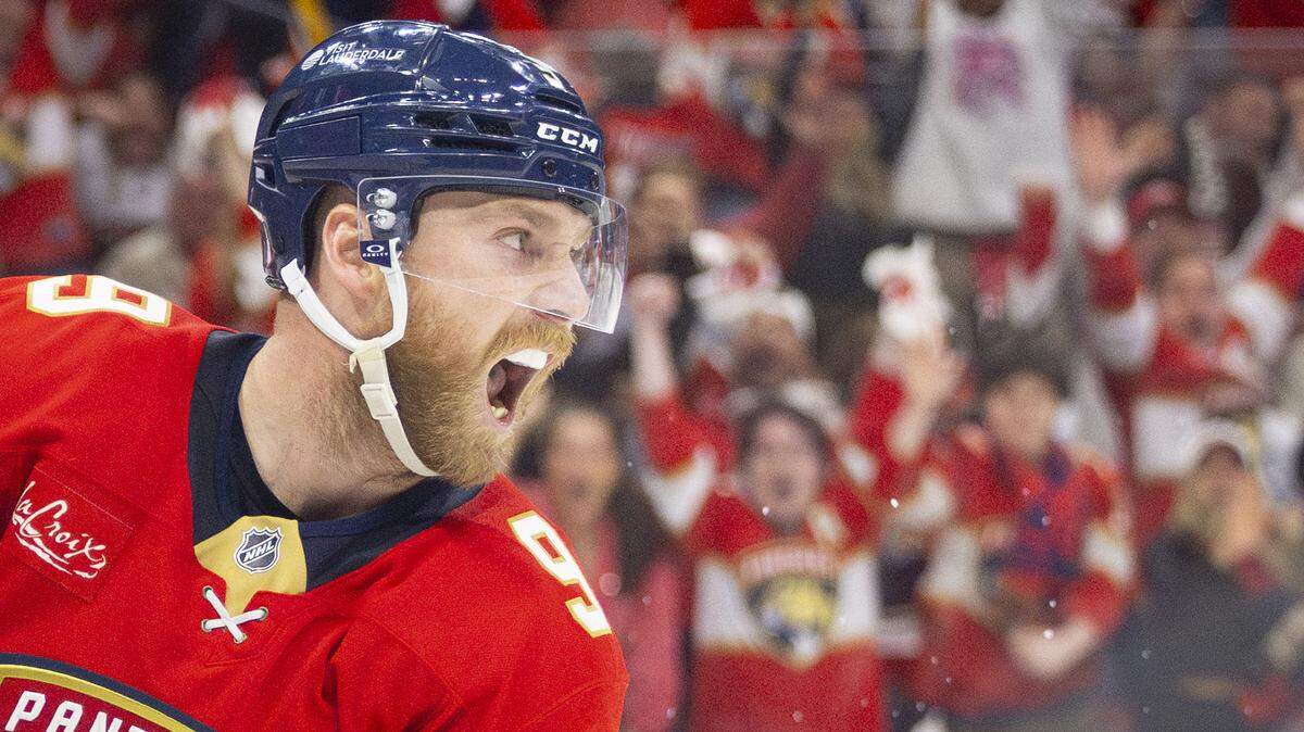 Florida Panthers center Sam Bennett (9) screams after scoring a goal during the third period of Game 4 of a Stanley Cup playoffs second-round series against the Toronto Maple Leafs on Sunday, May 11, 2025, at Amerant Bank Arena in Sunrise, Fla. The Florida Panthers won 2-0.
