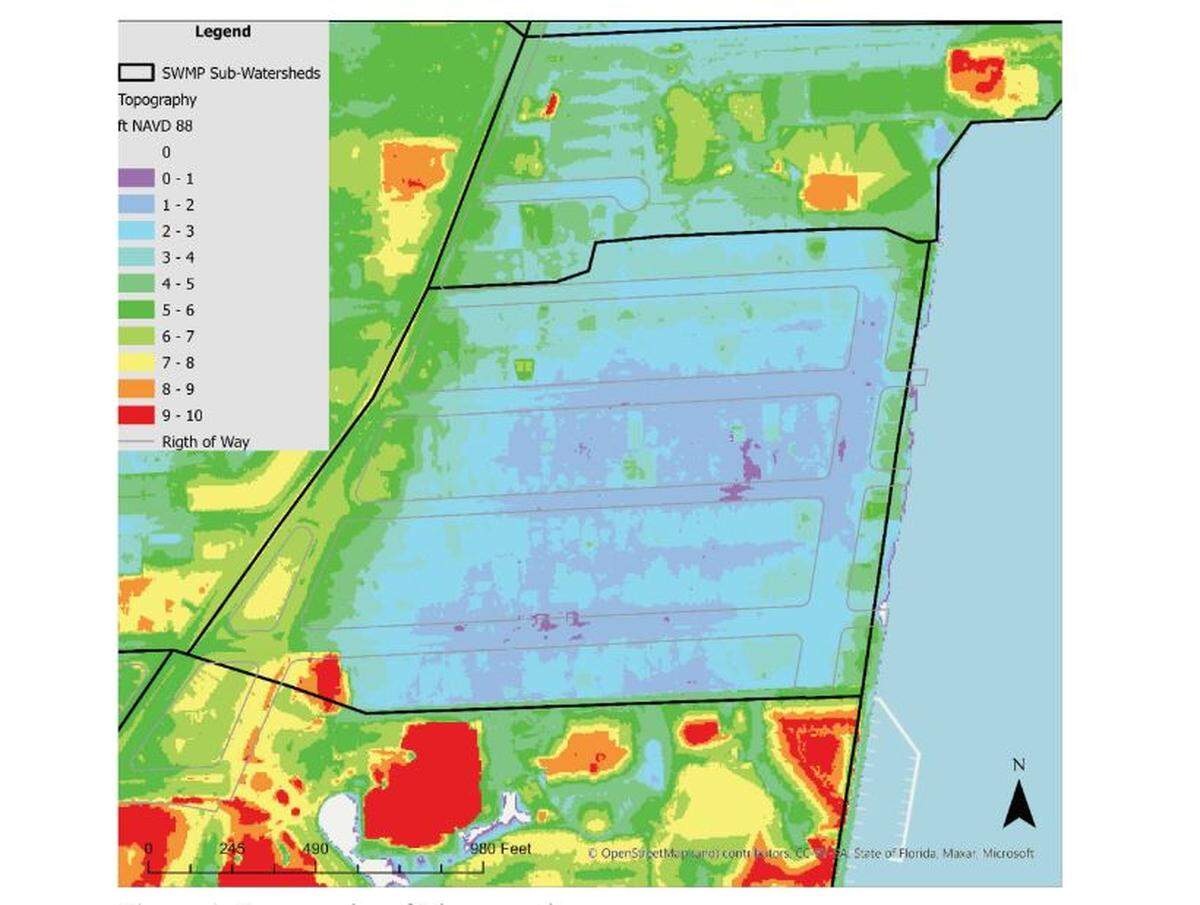 This map of the unincorporated neighborhood of Biscayne Shores in northeast Miami-Dade shows how low the elevation of the neighborhood is. It was built in the 1940s and now floods regularly.