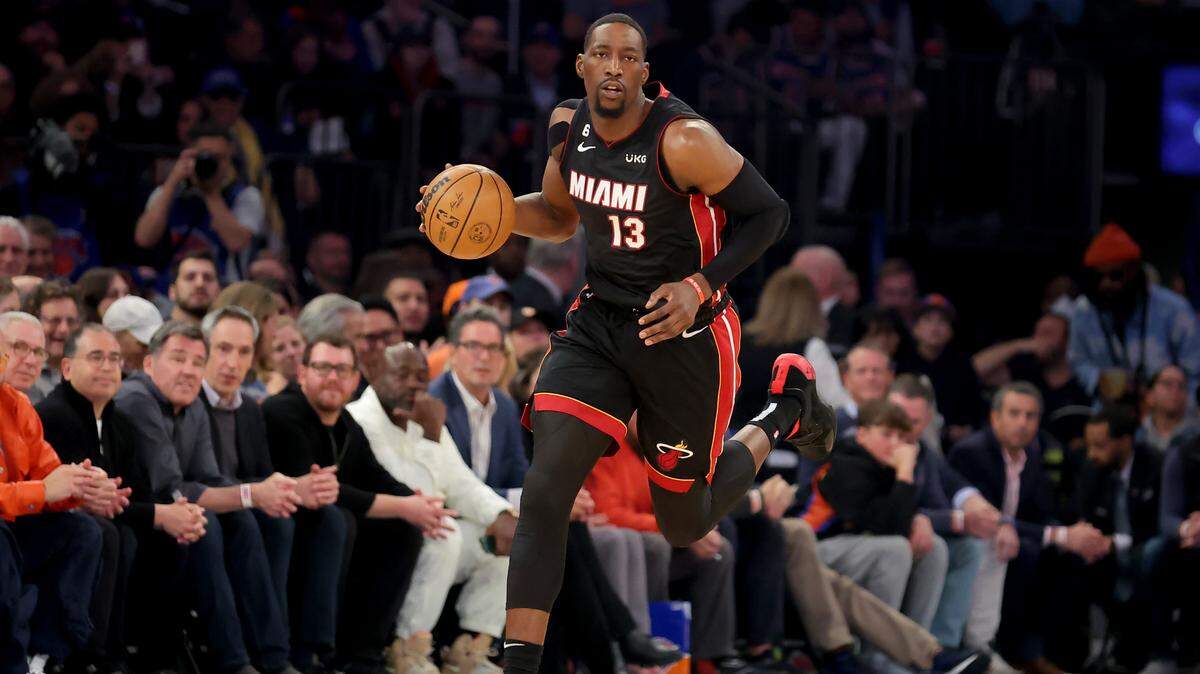 Miami Heat center Bam Adebayo (13) brings the ball up court against the New York Knicks during the first quarter of game two of the 2023 NBA Eastern Conference semifinal playoffs at Madison Square Garden.