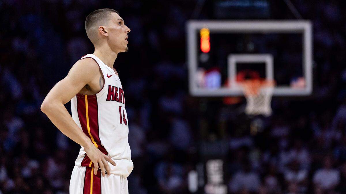 Miami Heat guard Tyler Herro (14) looks on during the second half of Game 4 of the Eastern Conference NBA Playoffs against the Cleveland Cavaliers at Kaseya Center on April 28, 2025, in Miami.