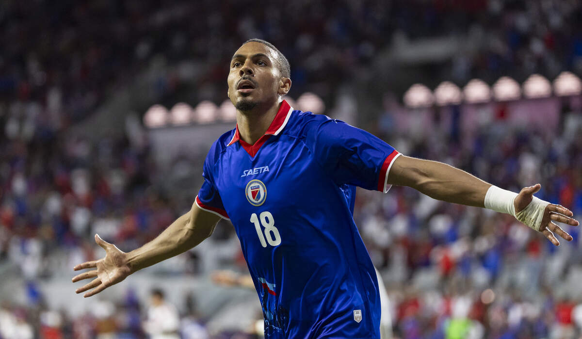 Haiti forward Wilson Isidor (18) celebrates after scoring a goal against Peru in the first half of their friendly soccer match at Nu Stadium on Friday, June 5, 2026, in Miami, Fla.