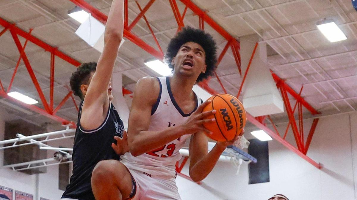Westminster Academy Lions Alex Constanza (23) drives to the basket as Riviera’s Gustavo Guimaraes (11) defends during the Region 4-3A boys’ basketball final at Westminster Academy School in Fort Lauderdale on Friday, February 23, 2024.