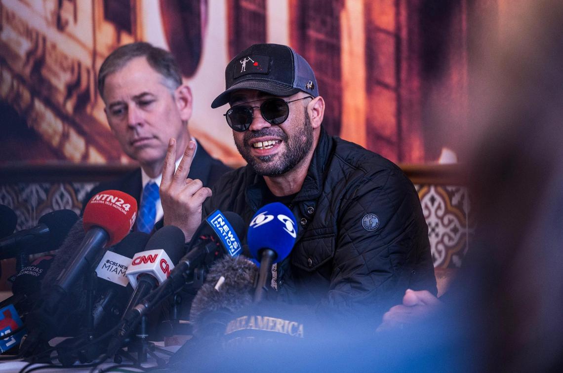 Proud Boy leader Enrique Tarrio talks on Friday during a press conference next to his lawyer Sabino Jauregui after being released from a federal prison by President Donald Trump on Monday, Jan. 20, 2025. The press conference was at Las Vegas Cuban Cuisine Restaurant in Doral, on Friday, January 24, 2025.