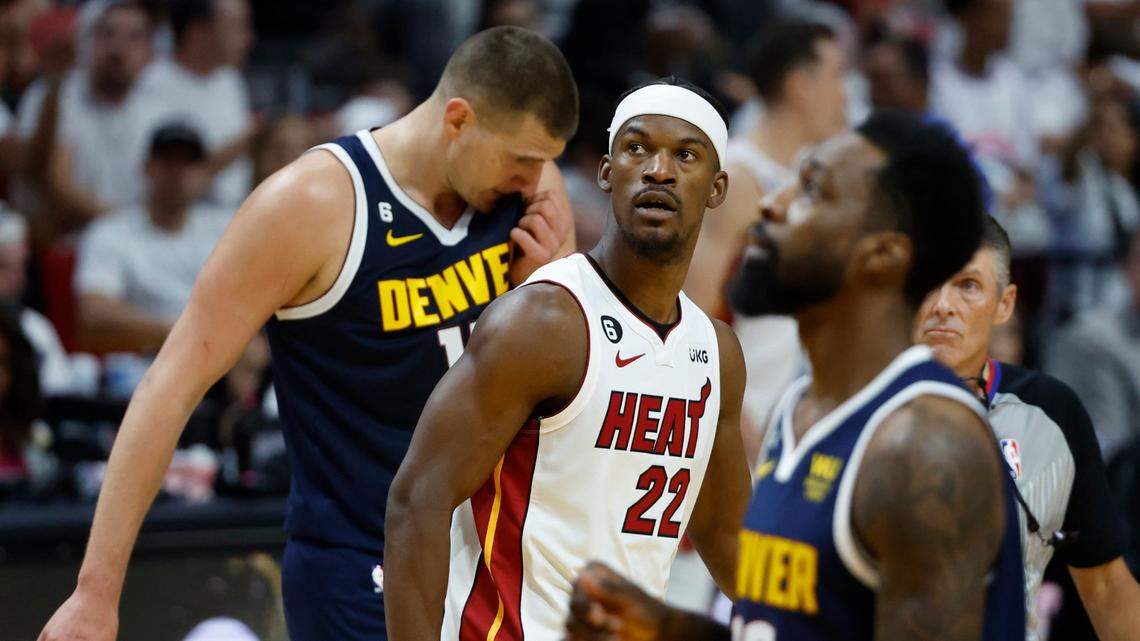Miami Heat forward Jimmy Butler (22) on the court in the first half during the game against the Denver Nuggets in Game 4 of the NBA Finals at the Kaseya Center in downtown Miami, Fla. on Friday, June 9, 2023.