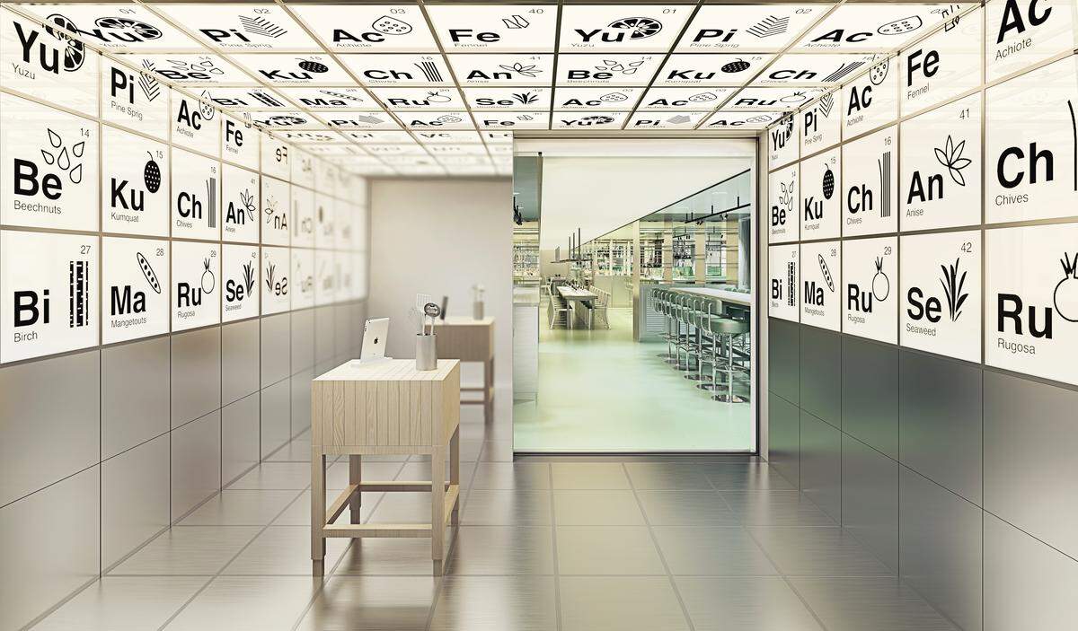 Virgin Voyages' first ship will have a Test Kitchen restaurant, designed by Concrete Amsterdam, that is made to look like a laboratory, with a periodic table in the entrance and test tubes, beakers and flasks inside.