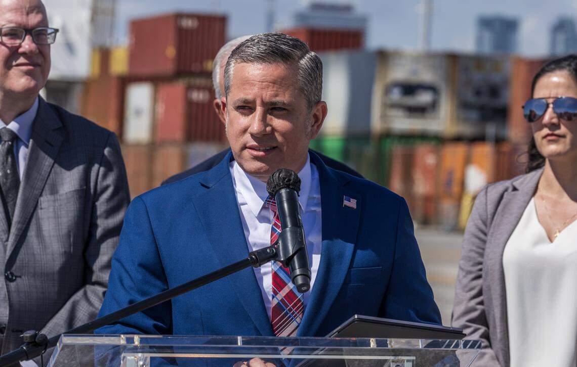 Miami-Dade County Tax Collector Dariel Fernandez speaks during a press conference with U.S. Rep. Carlos Giménez at PortMiami on Tuesday, Feb. 17, 2026, outlining measures aimed at ending Cuba’s communist regime and accelerating a democratic transition on the island.
