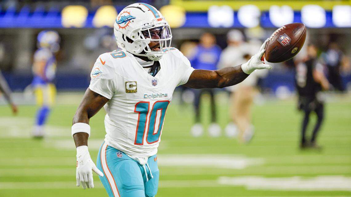 Miami Dolphins wide receiver Tyreek Hill (10) is on the field for warmups before the game against the Los Angeles Rams for their NFL football game at SoFi Stadium in Inglewood, California on Monday, November 11, 2024.
