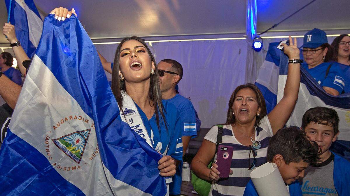 Miss Nicaragua, Adriana Paniagua, celebrates Nicaraguan heritage day with Marlins fans as the Miami Marlins host the Philadelphia Phillies at Marlins Park on Saturday, July 14, 2018. 
